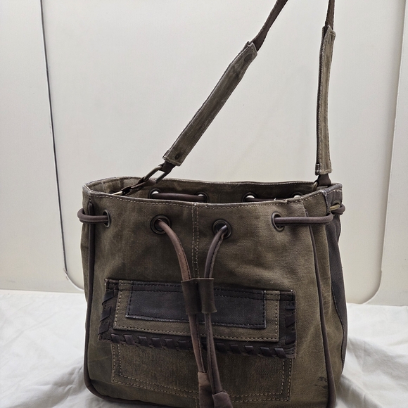 Mona B Handbags - Mona B Canvas & Leather Shoulder Bag | Drawstring | NWOT